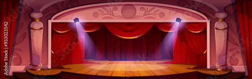Theater stage with red curtains and floodlights. Vector cartoon illustration of concert scene with wooden floor and luxury velvet drapery, white marble pillars decoration, hall for art performances