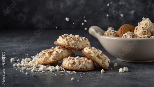 Cottage cheese cookies spill on gray background with space.