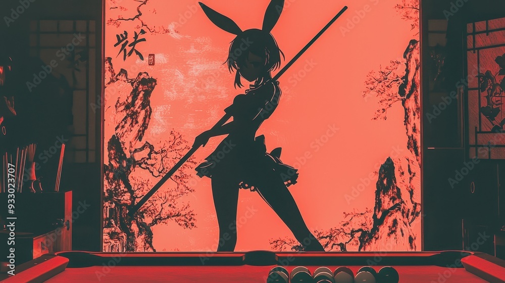 Obraz premium A striking silhouette of a rabbit-eared character, poised with a cue stick against a vibrant red background, showcasing dramatic artistry.