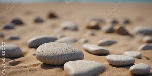 close up of rocks on sand blurry beach abstract background.