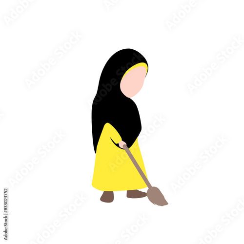 illustration of a Muslim girl wearing a headscarf sweeping 
