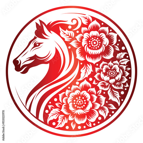 Year of the horse zodiac Round sign or symbol. hand drawn of horse and floral vector illustration. Translation : Horse