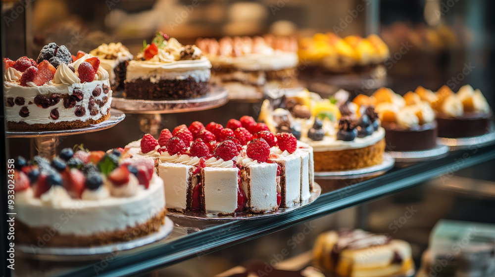 “A pastry shop display window featuring a variety of cakes. The display showcases an assortment of beautifully decorated cakes, each with unique designs and flavors, attracting attention and enticing “A pastry shop display window featuring a variety of cakes. The display showcases an assortment of beautifully decorated cakes, each with unique designs and flavors, attracting attention and enticing
