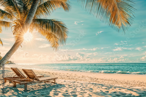 Fototapeta Naklejka Na Ścianę i Meble -  Wooden lounge chairs under palm trees on a tropical beach with ocean waves. Summer vacation and relaxation concept. High quality photo