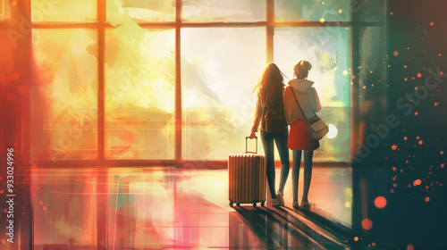Two close friends stand together at a bustling airport, peering out at the breathtaking, colorful sunset through spacious windows, filled with anticipation for their next thrilling adventure ahead