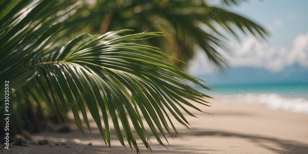 Fototapeta premium Blur of beautiful nature green palm leaf on tropical beach, abstract background.