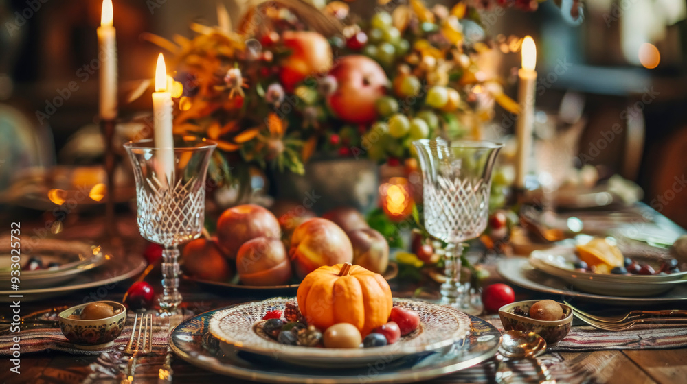 A beautifully set dinner table features a small pumpkin centerpiece, seasonal fruits, elegant glassware, and candles, creating a warm autumn atmosphere. A beautifully set dinner table features a small pumpkin centerpiece, seasonal fruits, elegant glassware, and candles, creating a warm autumn atmosphere.