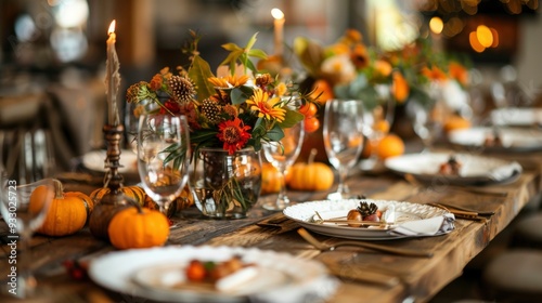 Elegant fall table setting with a rustic wooden table. Decorated with a tablecloth in warm autumn colors. Centerpiece of pumpkins, acorns and autumn leaves