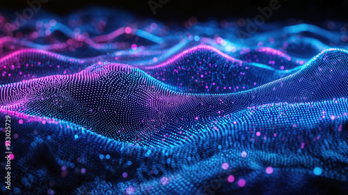 Abstract blue and pink particles wave forming futuristic landscape. Futuristic technology and data visualization concept. High quality photo