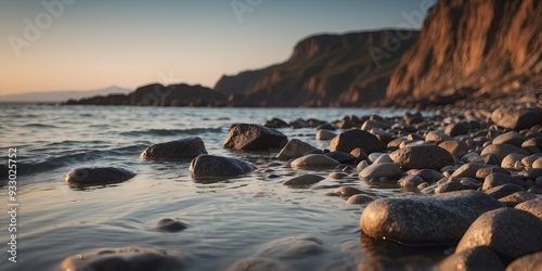 Coastal landscape with rocky shores, calm waters, and distant horizon. photo