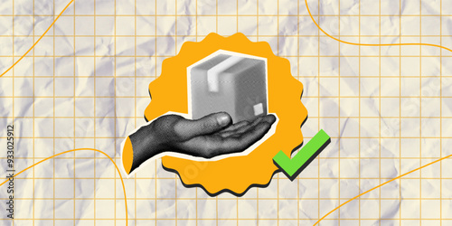 Halftone collage hand holding a box a green checkmark and a paper grid for showcasing quality assurance, packaging, or delivery services in digital modern retro illustration