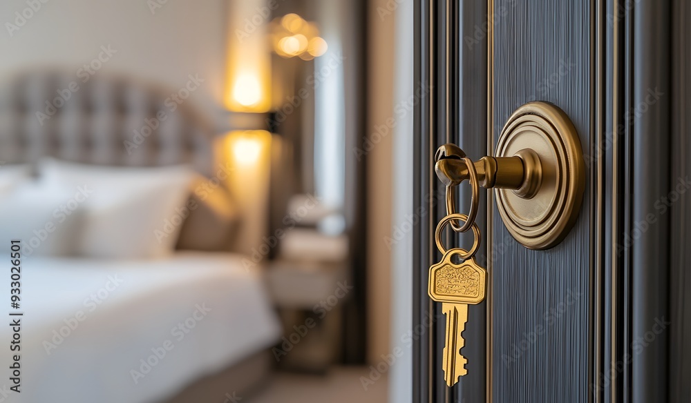 Close-up of a hotel room door with a golden key in the modern, luxury apartment or house interior, with a bedroom bed in the background. Close-up of a hotel room door with a golden key in the modern, luxury apartment or house interior, with a bedroom bed in the background.
