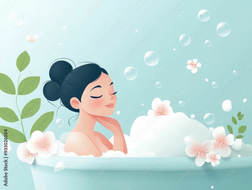 Relaxing Beauty Routine with Bubble Bath Flat Design Depicting a Pampering and Indulgent Self Care Ritual in the Bathroom Relaxing Beauty Routine with Bubble Bath Flat Design Depicting a Pampering and Indulgent Self Care Ritual in the Bathroom