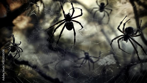 Big scary spiders in web. Spooky Halloween web and scary spiders in dark forest. Creepy spiderweb in nature