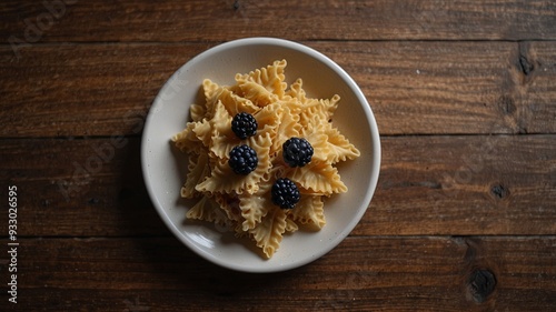 Farfalle pasta on ceramic plate top view wooden background. photo