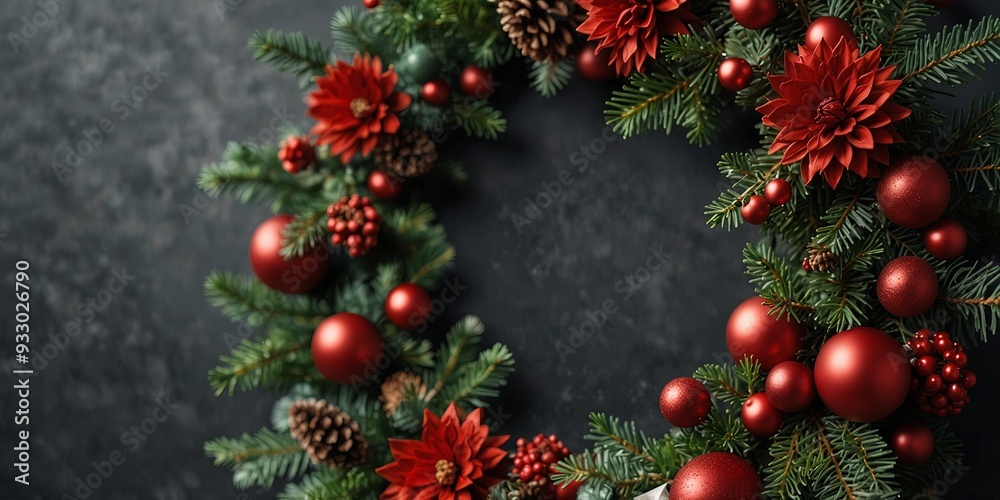 Festive Christmas wreath adorned with decorations allowing for copy space image. Festive Christmas wreath adorned with decorations allowing for copy space image.