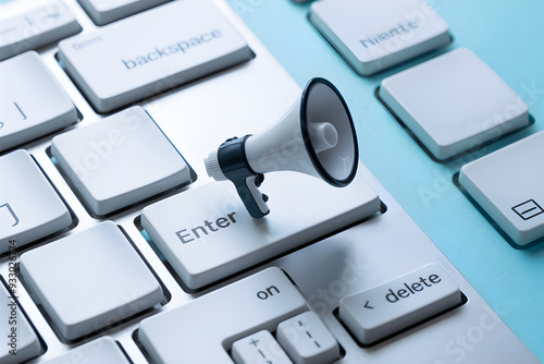 Computer keyboard with miniature megaphone on Enter key; light blue background photo