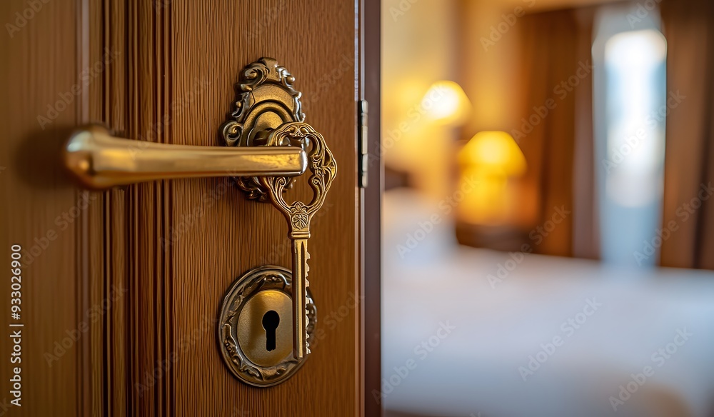 Obraz premium Close-up of a hotel room door with a golden key in the modern, luxury apartment or house interior, with a bedroom bed in the background.