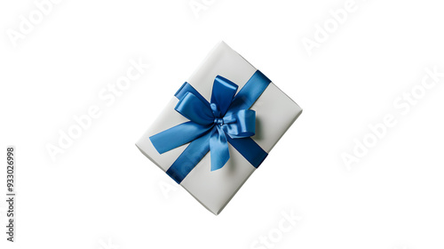 White gift box with blue ribbon top view isolated on white background