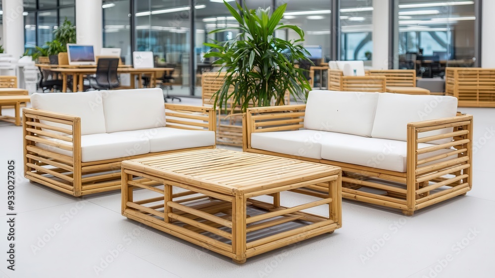 Bright office lounge area with bamboo sofas and coffee tables, offering an inviting and environmentally conscious break space, sustainable lounge, bamboo office furniture Bright office lounge area with bamboo sofas and coffee tables, offering an inviting and environmentally conscious break space, sustainable lounge, bamboo office furniture