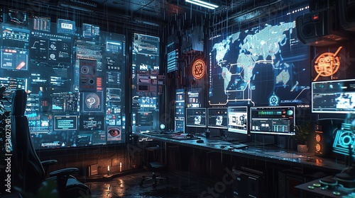 Modern high tech control room with a lot of screens and showing digital map of earth