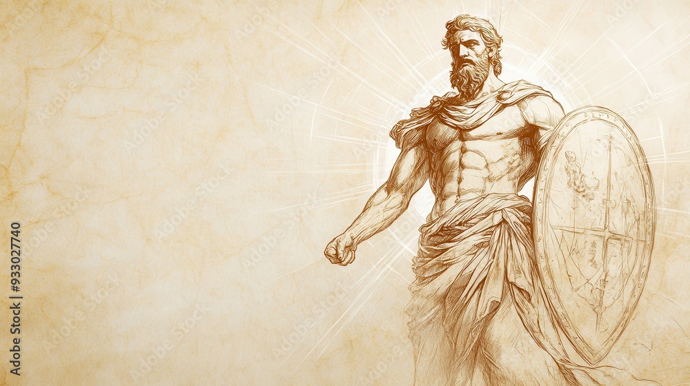 Naklejka premium Biblical Illustration of Psalms 5: A shield of light surrounding David, symbolizing God’s favor and protection from harm, representing divine safety and guidance, on a beige background