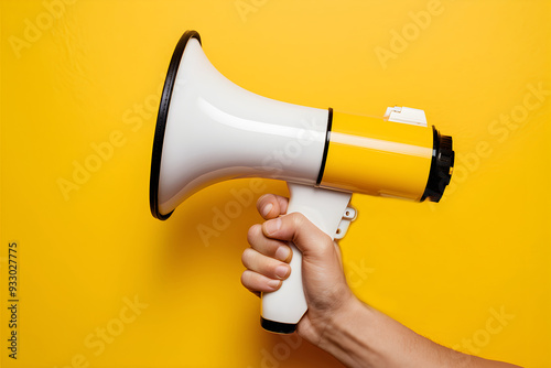 Hand gripping a white megaphone with a yellow base against a vibrant yellow background photo