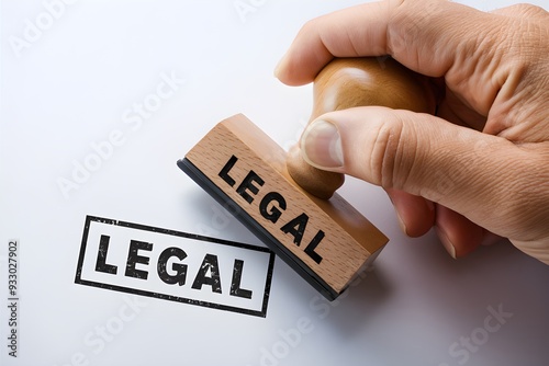 Hand holding a wooden stamp with the word LEGAL poised to imprint on a white surface photo