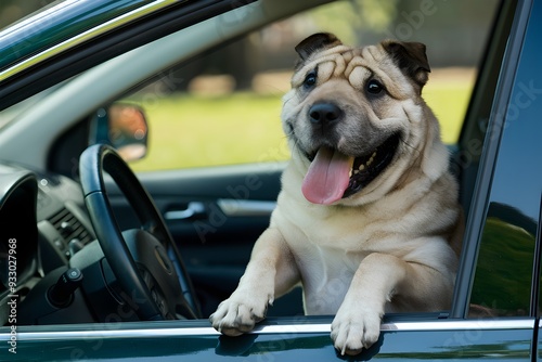 Excited Shar Pei dog leaning out of a car window, with a park like background photo