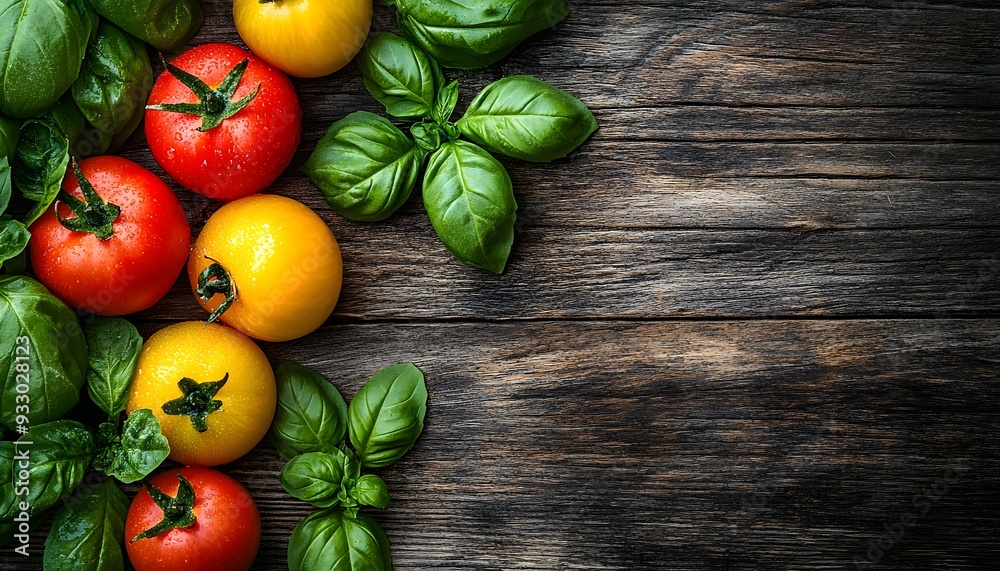 Red and yellow tomatoes, green basil leaves on a wooden background. Close-up of fresh vegetables for a healthy eating or cooking concept. Red and yellow tomatoes, green basil leaves on a wooden background. Close-up of fresh vegetables for a healthy eating or cooking concept.