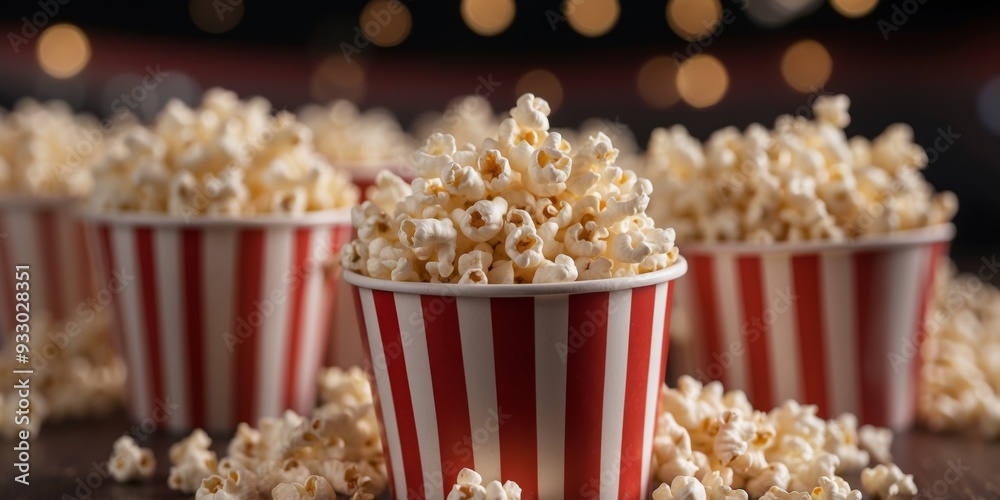 Close up image of a red and white striped popcorn cup with lots of popcorn in a movie theater. Close up image of a red and white striped popcorn cup with lots of popcorn in a movie theater.