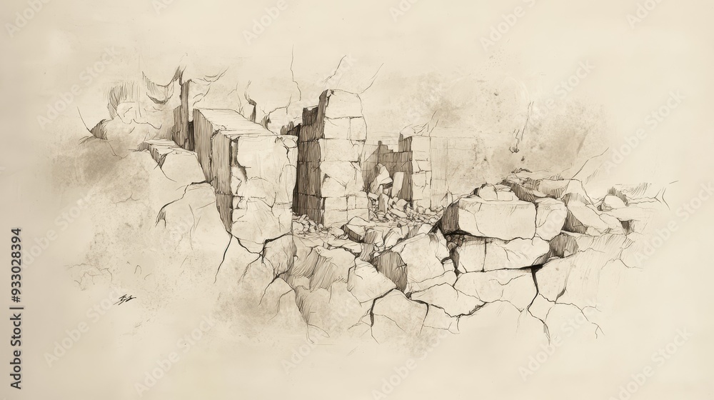 Obraz premium Biblical Illustration of Psalms 28: A Crumbling Structure Symbolizing the Downfall of Those Who Ignore God's Works on Beige Background