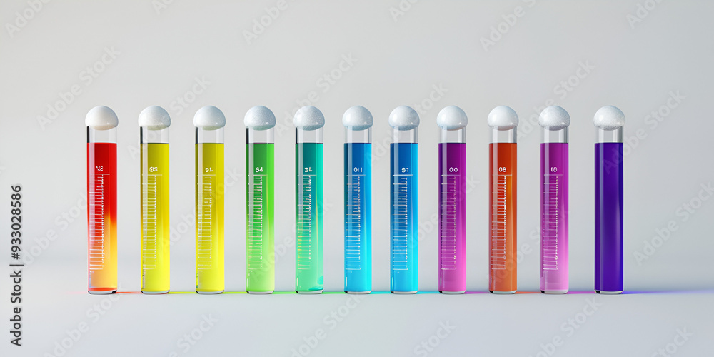 Colorful Test Tubes in a Row Arranged Against a White Background, Representing Chemistry, Science Experimentation, and Modern Laboratory Equipment in a Clean and Minimalist Setting Colorful Test Tubes in a Row Arranged Against a White Background, Representing Chemistry, Science Experimentation, and Modern Laboratory Equipment in a Clean and Minimalist Setting
