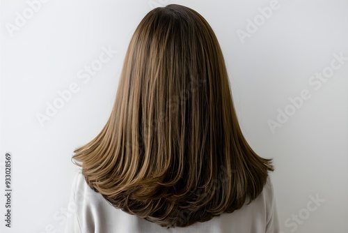 Back view of person with shiny brown hair, wearing light top against white background photo