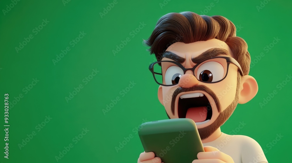 3D cartoon of an angry young man shouting into a mobile phone against a vibrant green backdrop 3D cartoon of an angry young man shouting into a mobile phone against a vibrant green backdrop