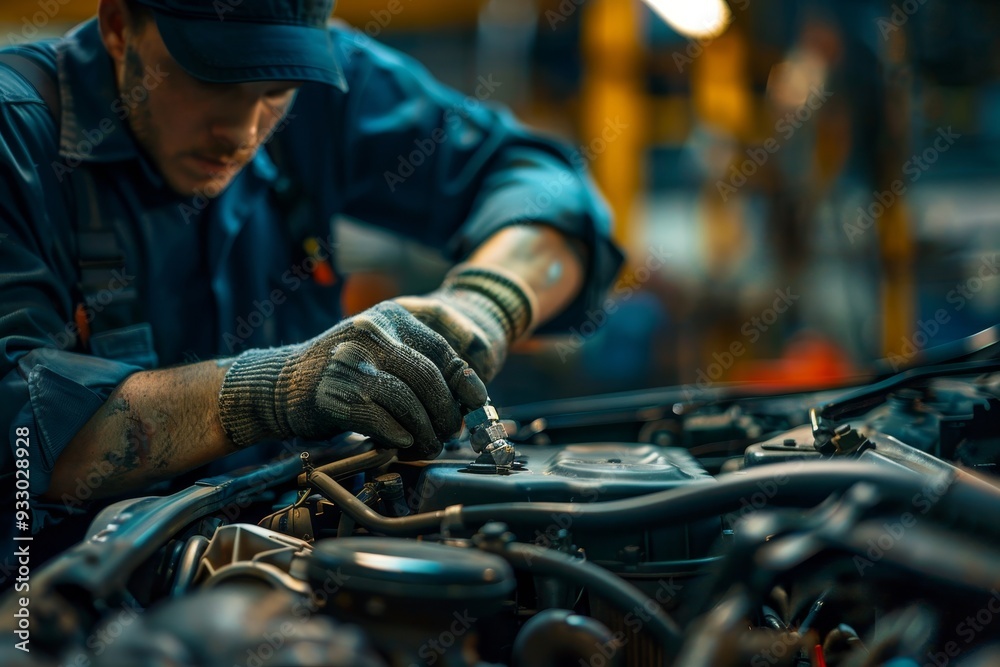 Mechanic repairing car engine in an auto repair shop, professional working on vehicle maintenance Mechanic repairing car engine in an auto repair shop, professional working on vehicle maintenance