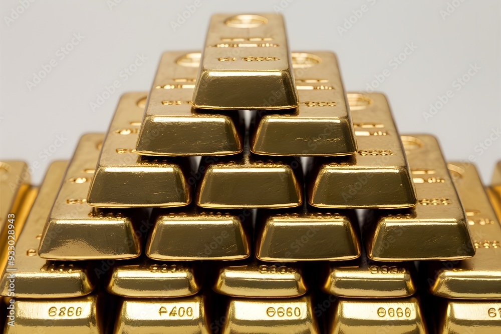 Stack of golden bars, uniformly sized with engraved markings, shining against plain background Stack of golden bars, uniformly sized with engraved markings, shining against plain background