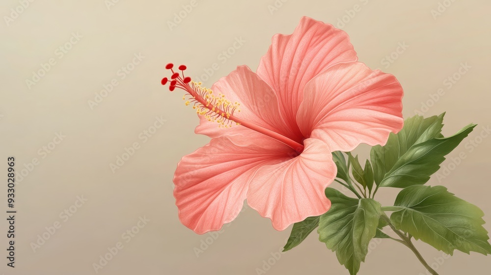 Fototapeta premium Red Hibiscus Flower Isolated on White Background with Vibrant Petals and Lush Green Leaves