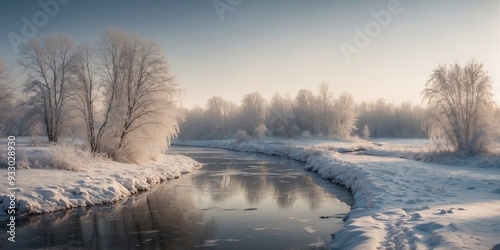 A snapshot of a snowy landscape with a frozen river. photo