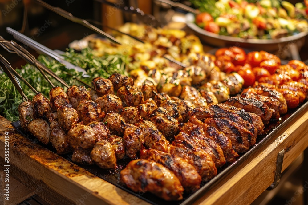 Grilled meat skewers on a wooden tray. Perfect for showcasing food, restaurant, or a barbeque event. Grilled meat skewers on a wooden tray. Perfect for showcasing food, restaurant, or a barbeque event.
