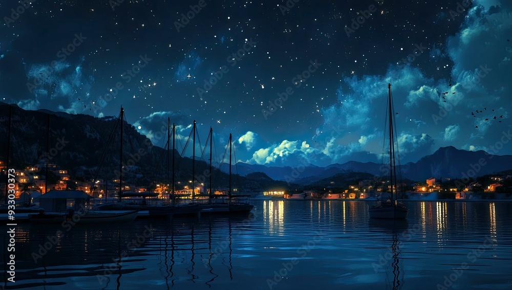 Starry night, boats, calm water, mountain town. Starry night, boats, calm water, mountain town.