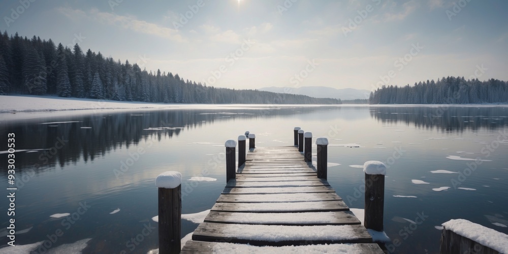 A snowcovered dock stretches out over the frozen lake inviting adventurous swimmers to take a dip. A snowcovered dock stretches out over the frozen lake inviting adventurous swimmers to take a dip.