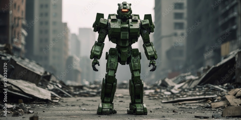 A green mechwarrior stands in a destroyed city. A green mechwarrior stands in a destroyed city.