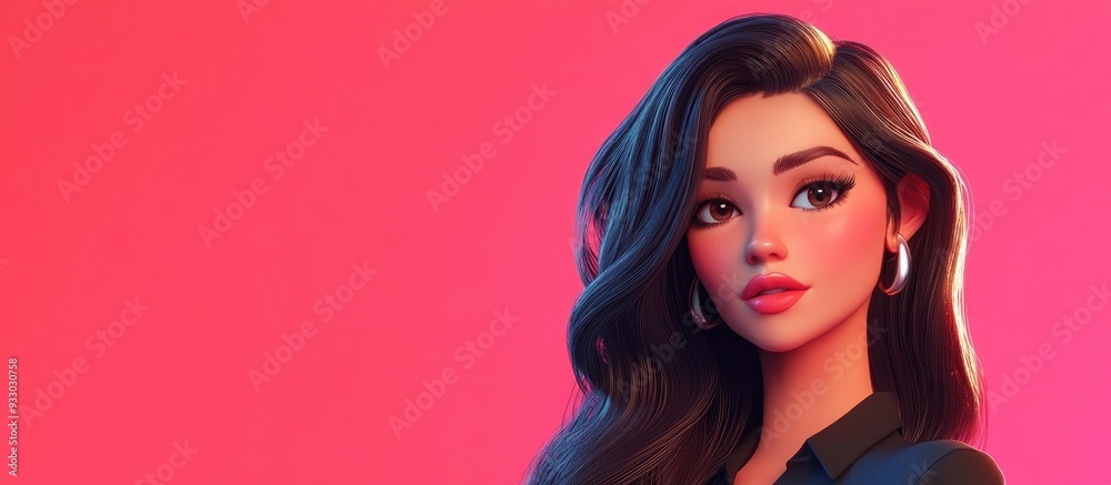 Obraz premium 3D Cartoon Portrait of a Beautiful Woman on a Bright Background