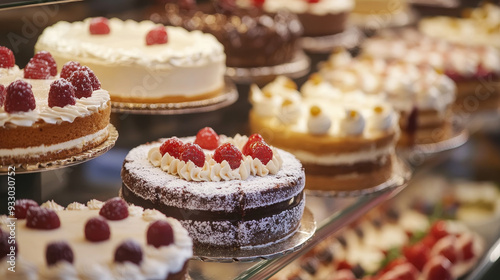 “Close-up of various types of delicious cakes displayed in bulk at a patisserie counter. The assortment includes a range of cakes, each showcasing different flavors and designs, highlighting the tempt