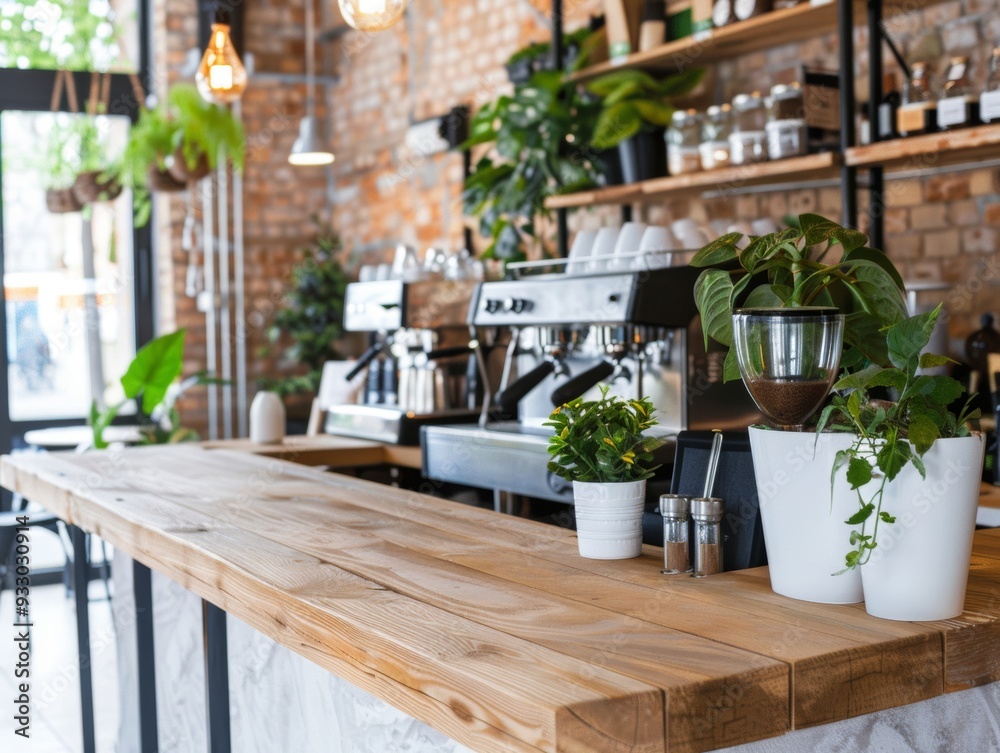 Fototapeta premium A professionals-friendly rustic cafe featuring espresso specialties, with a sophisticated vibe, cozy setting, and warm decor.