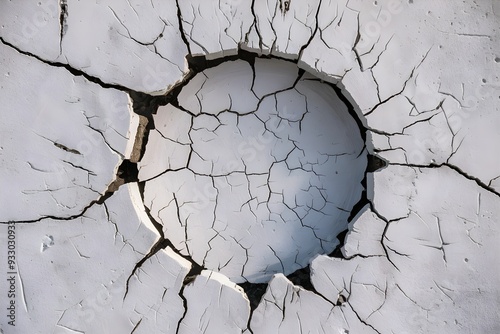 Large circular hole with jagged edges in a white textured surface, revealing a darker layer beneath photo