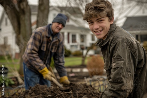 Kind teenager assisting elderly neighbor with yard work, spreading mulch joyfully