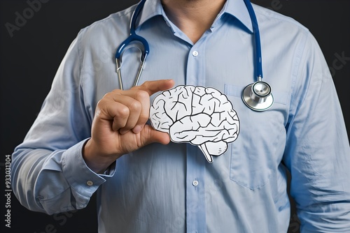 Medical professional holding a paper cutout of a human brain, with a stethoscope and a dark background photo