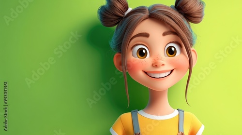 3D Cartoon Portrait of a Cheerful Girl on a Vibrant Green Background